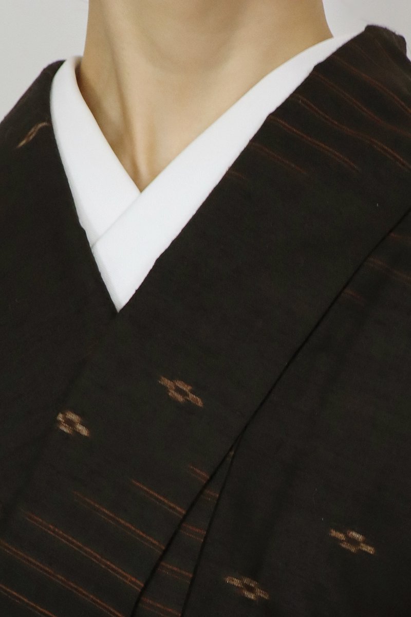 銀座【A-3890】（L）久米島紬 憲法黒茶色 斜め段に絣文 - 銀座きもの 