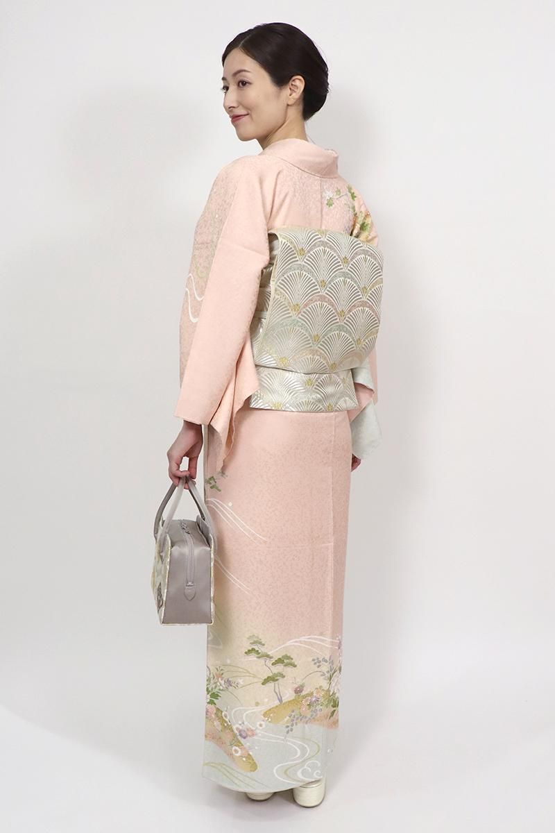 銀座【B-3569】訪問着 灰桜色 流水に四季花の図 - 銀座きもの
