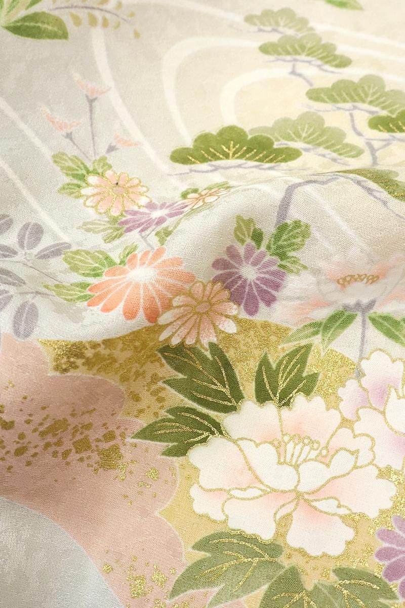 銀座【B-3569】訪問着 灰桜色 流水に四季花の図 - 銀座きもの
