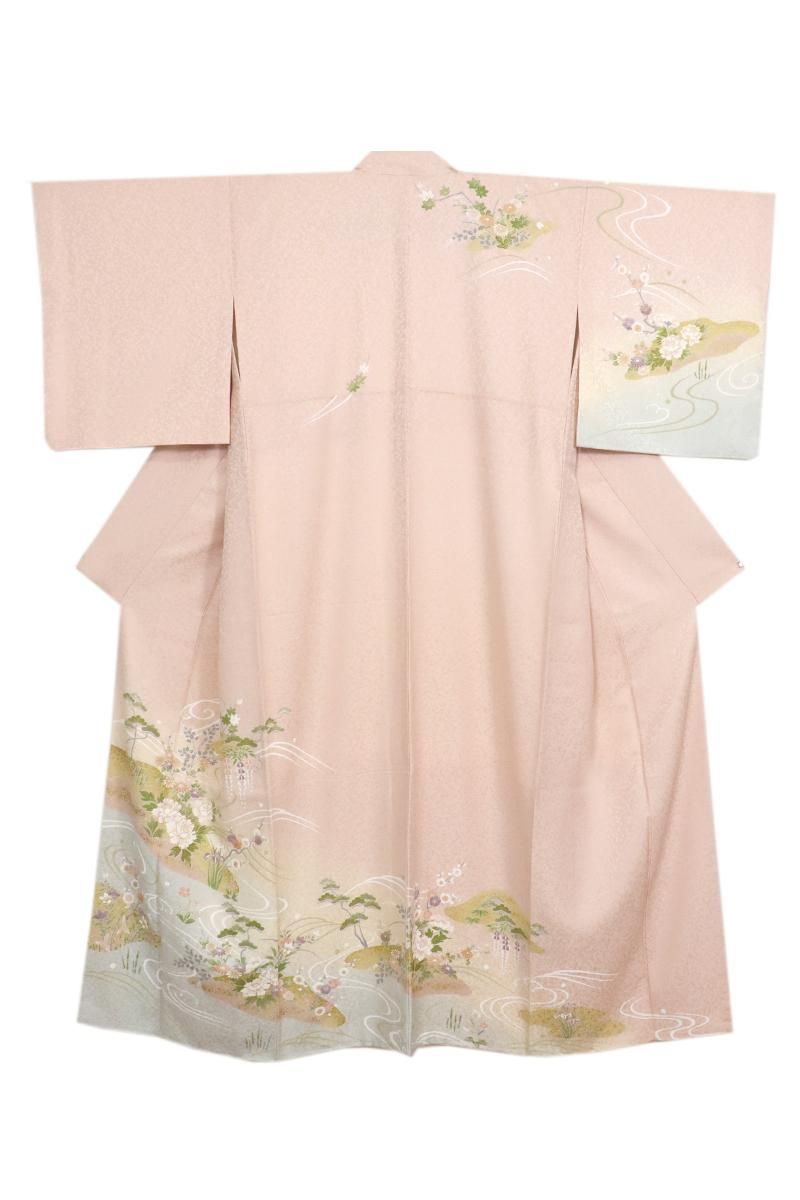 銀座【B-3569】訪問着 灰桜色 流水に四季花の図 - 銀座きもの