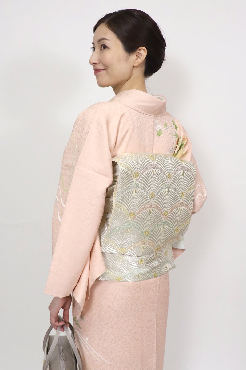 銀座【L-7013】西陣 川島織物製 袋帯 象牙色×銀色 松葉青海波（落款入）
