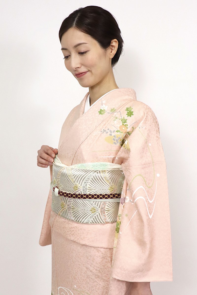 銀座【L-7013】西陣 川島織物製 袋帯 象牙色×銀色 松葉青海波（落款入