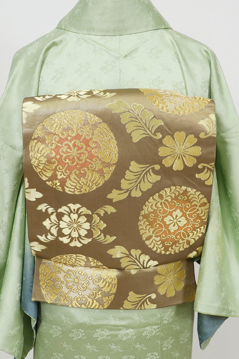 銀座【L-7072】西陣 川島織物製 本袋帯 黄枯茶色 有職丸文（落款入
