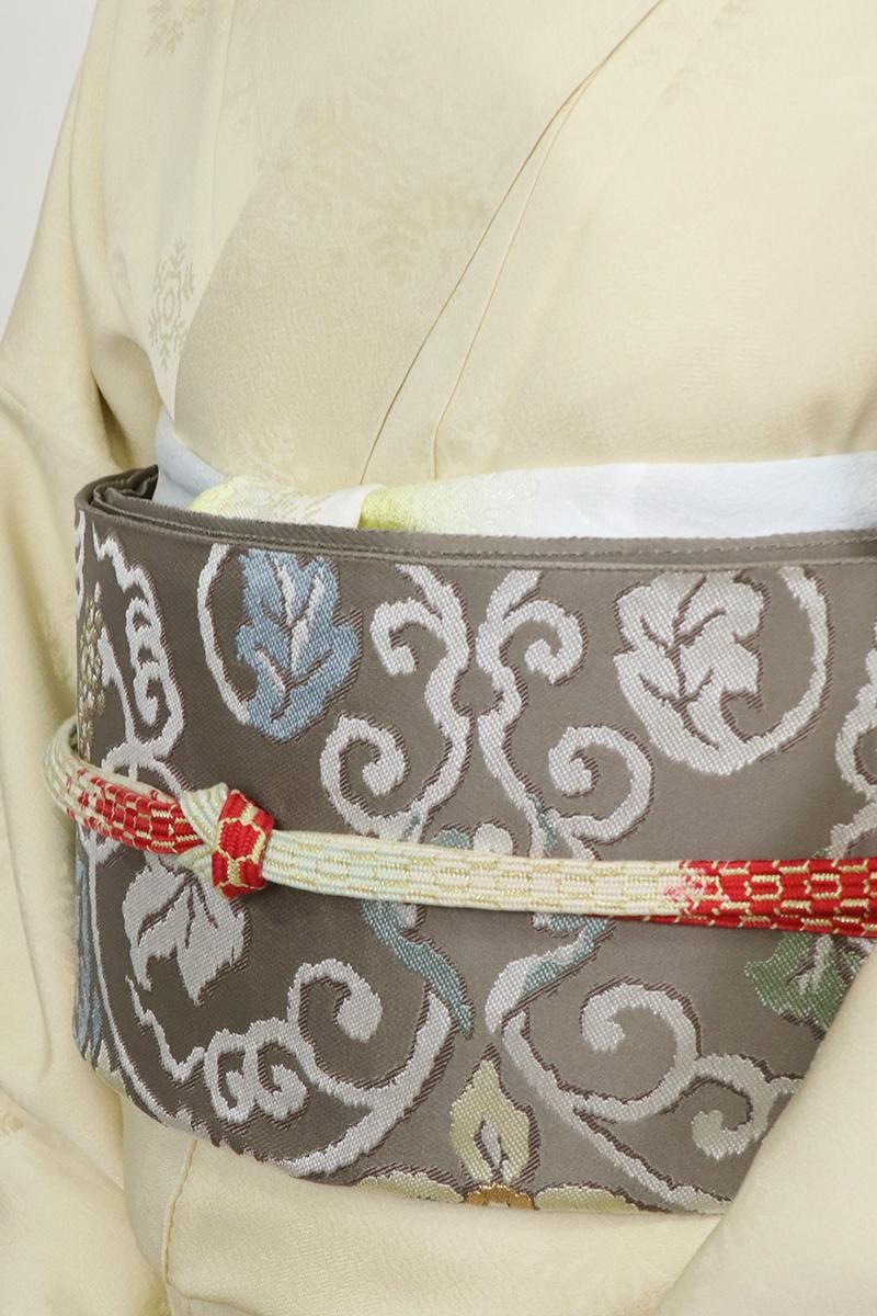 銀座【L-7057】西陣 服部織物製 袋帯 茶鼠色 葡萄唐草文（落款入