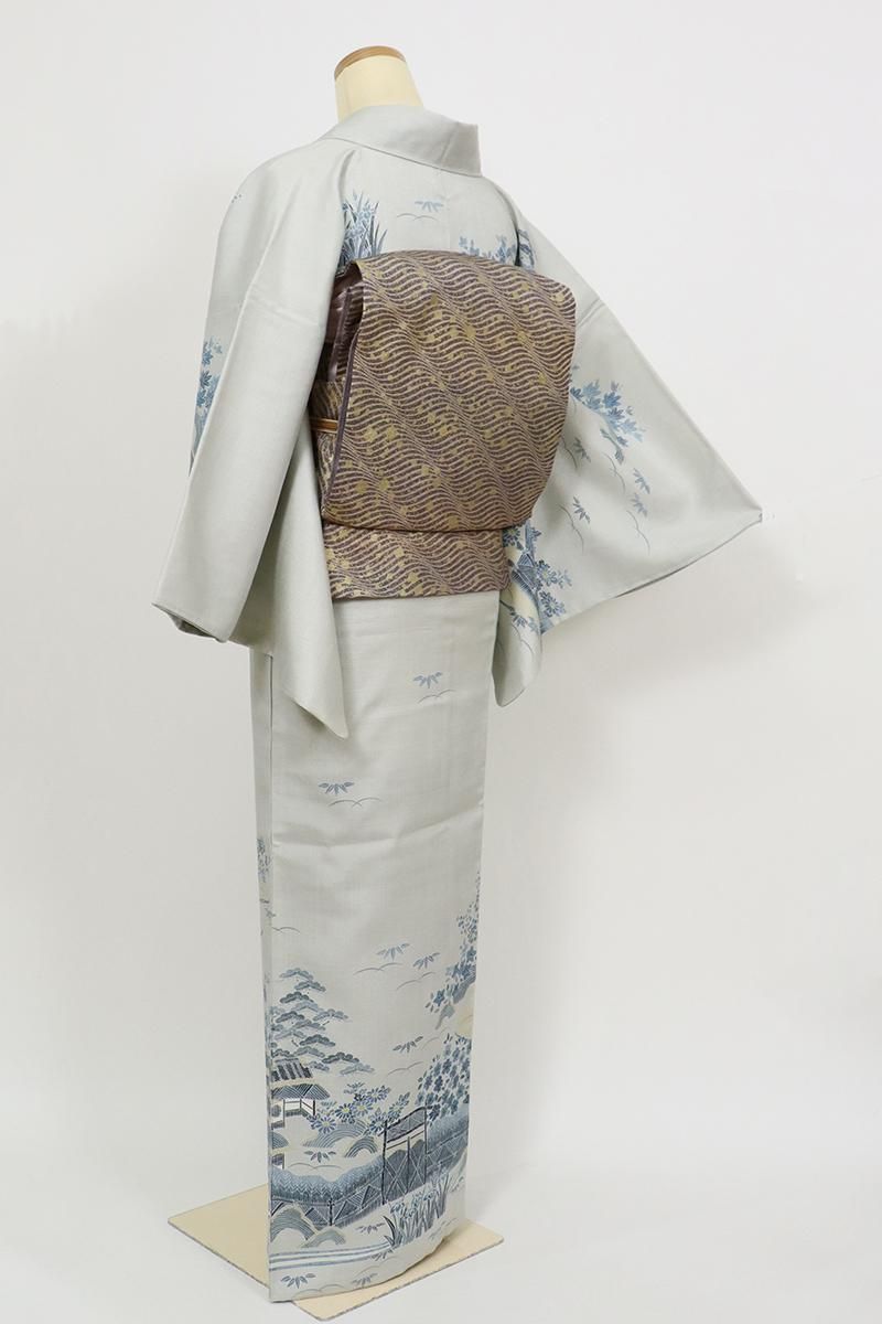 銀座【B-3594】紬地 訪問着 薄雲鼠色 御所解文（落款入） - 銀座きもの