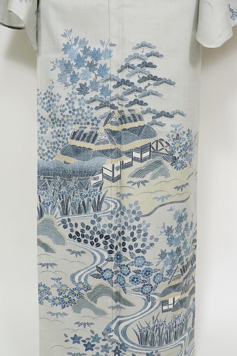 銀座【B-3594】紬地 訪問着 薄雲鼠色 御所解文（落款入） - 銀座きもの