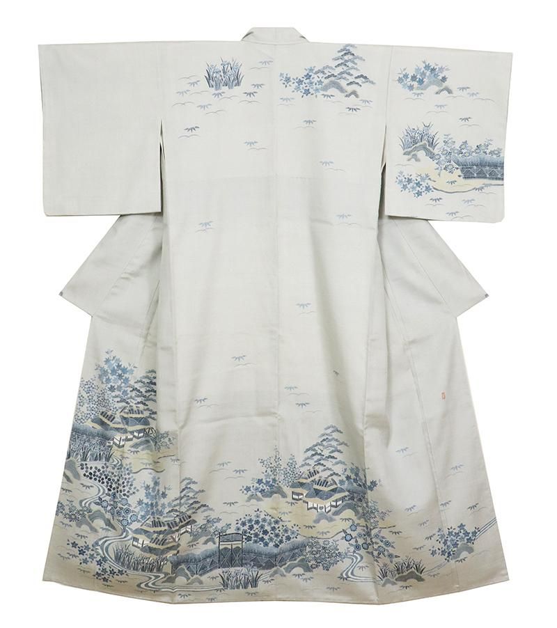 銀座【B-3594】紬地 訪問着 薄雲鼠色 御所解文（落款入） - 銀座きもの