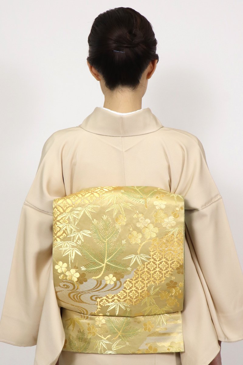 銀座【L-7053】西陣 川島織物製 本袋帯 金色 道長取りに松竹梅（三越扱い・落款入）