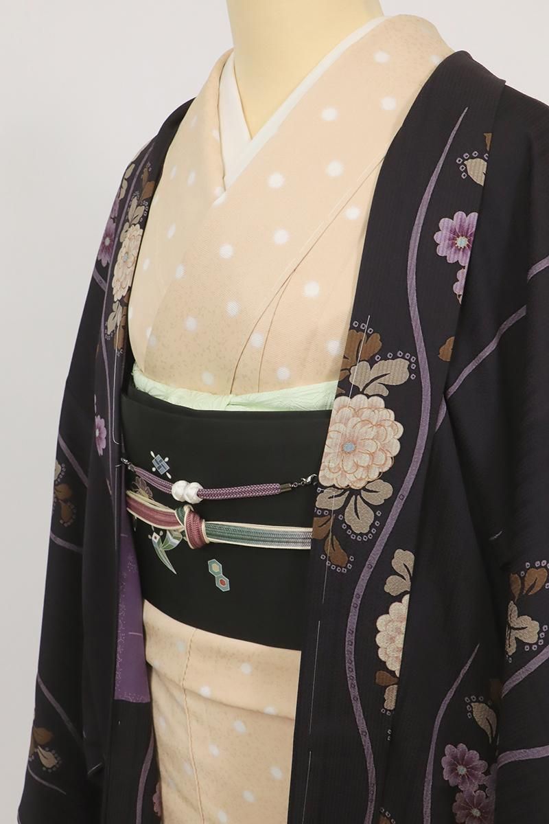 銀座【E-1876】（広め）羽織 黒紅色 立涌に菊の図 - 銀座きもの