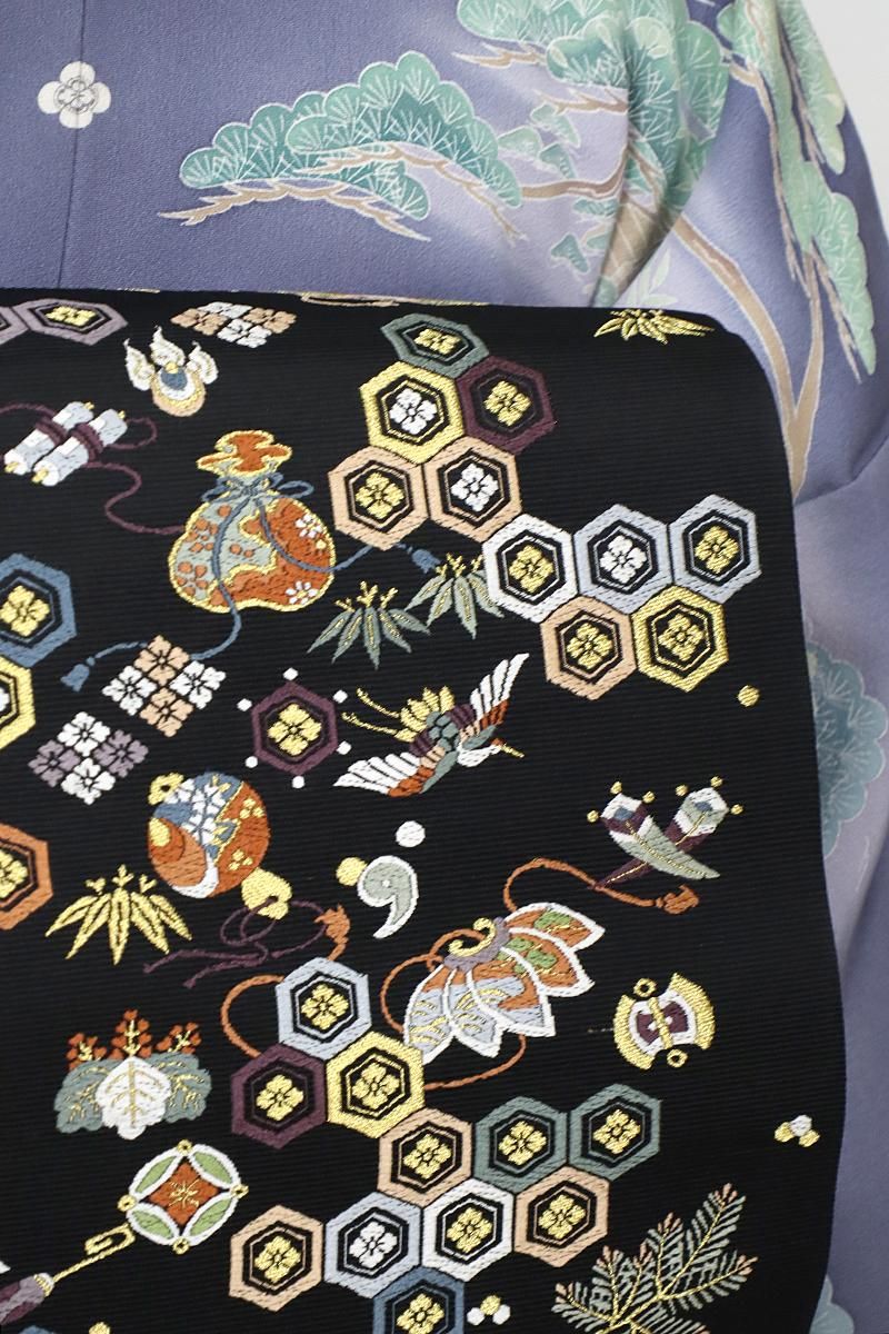 銀座【L-7097】西陣 山下織物製 袋帯 黒色 亀甲繋ぎに宝尽くし