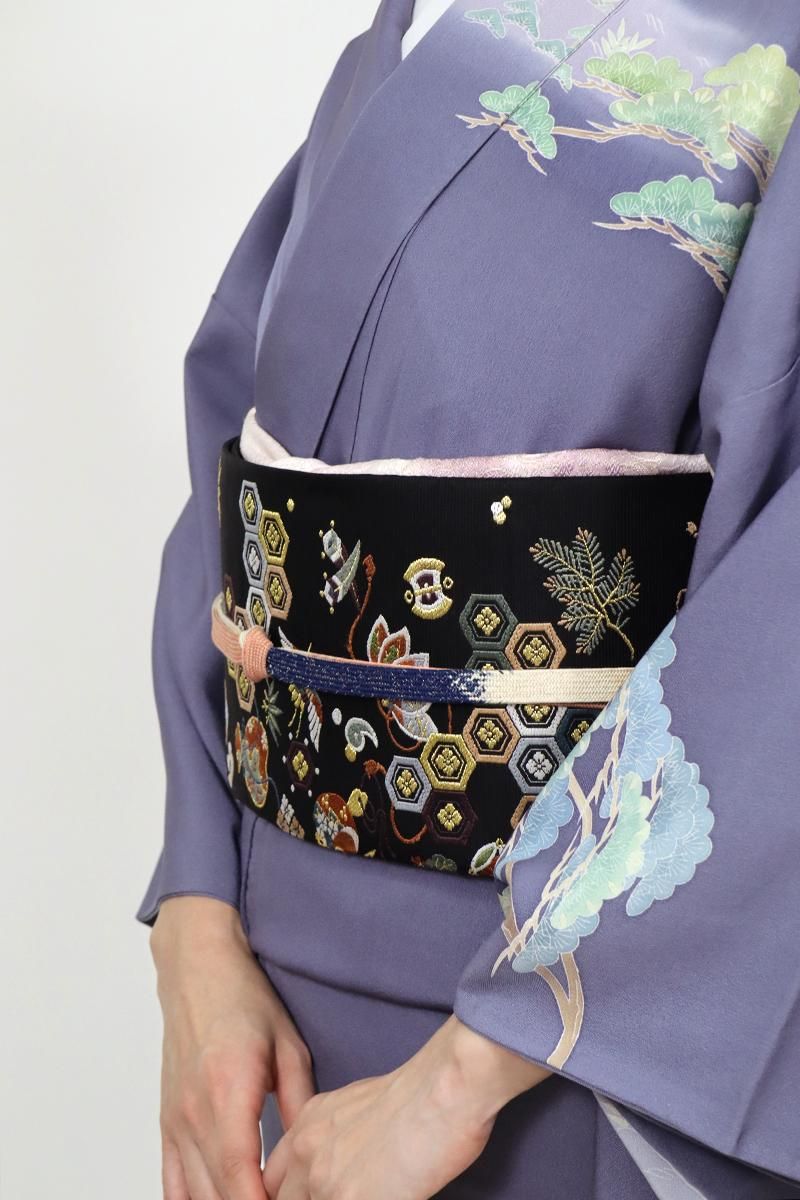 銀座【L-7097】西陣 山下織物製 袋帯 黒色 亀甲繋ぎに宝尽くし