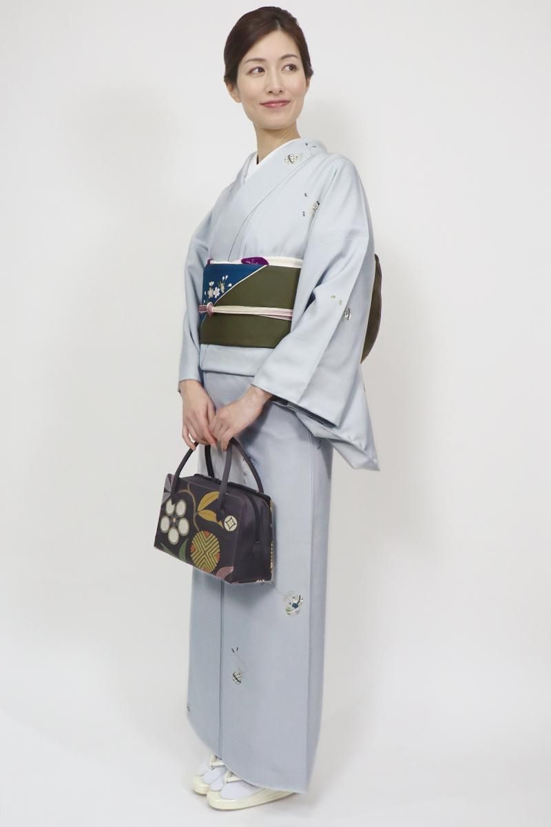 銀座【D-3381】小紋 灰青色 鈴の図（越後屋扱い・反端付） - 銀座