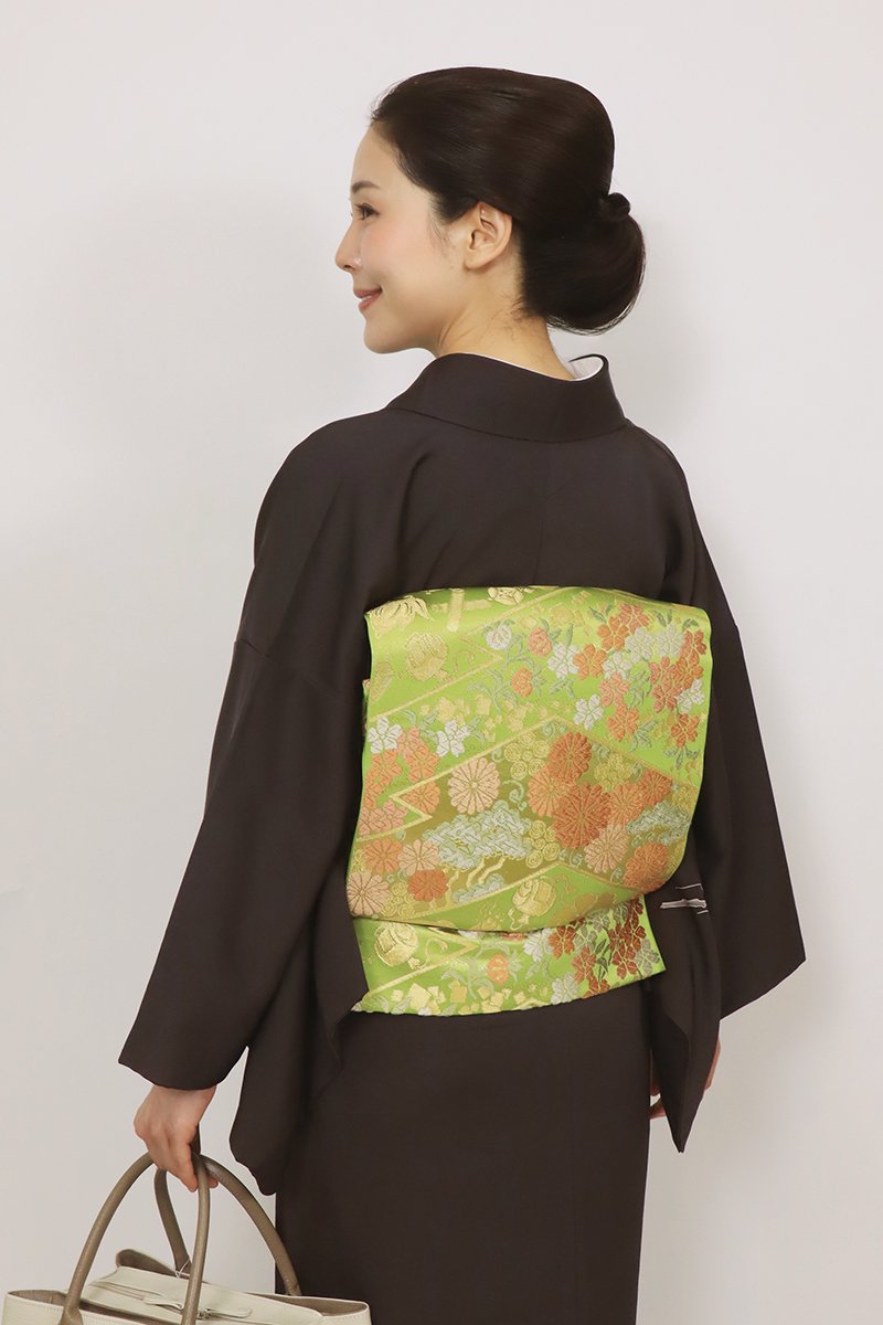 銀座【L-7095】西陣 川島織物製 袋帯 青丹色 「小袖松皮段」（証紙付・落款入）