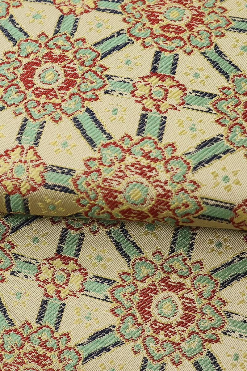 新品 正絹 紬 反物 米琉 一期一会 伝統工芸士 斎藤俊弘 斎藤織物 170 銀座【K-9341】西陣 龍村美術織物製 光波帯 白橡色 小蜀江錦