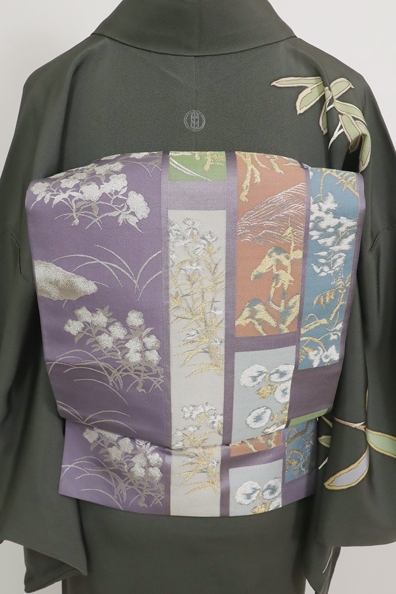 銀座【L-7120】西陣 川島織物製 袋帯 鳩羽色 短冊に四季花の図（落款入・三越扱い）