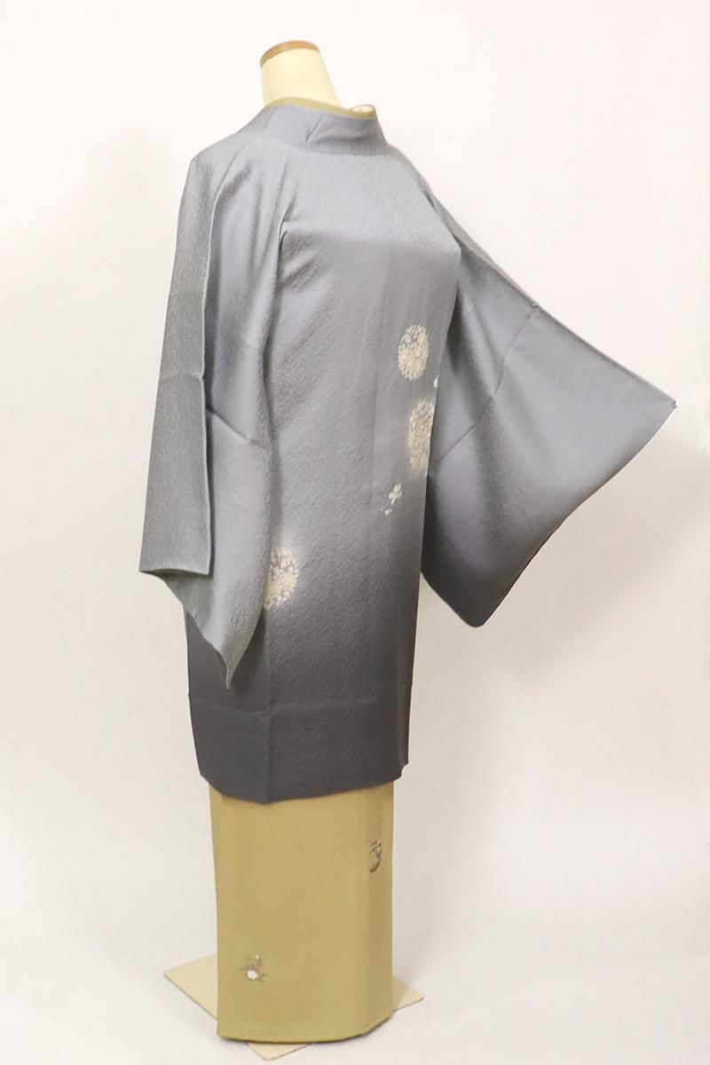 銀座【E-1913】（細め）絞り染め 道中着 桔梗鼠色 裾暈かしに花の丸