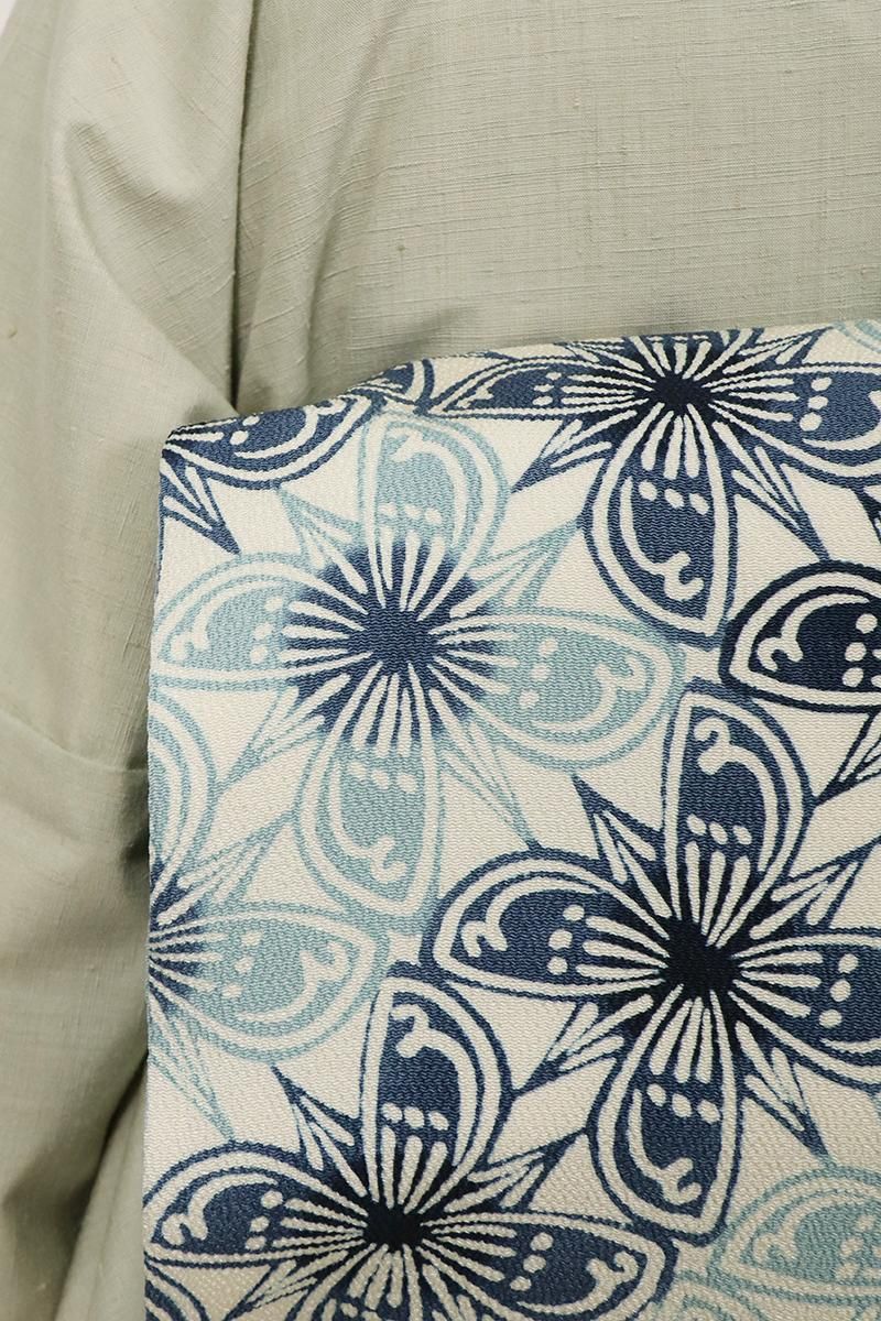 銀座【K-9401】栗山工房製 縮緬地 染名古屋帯 生成り色×秘色色