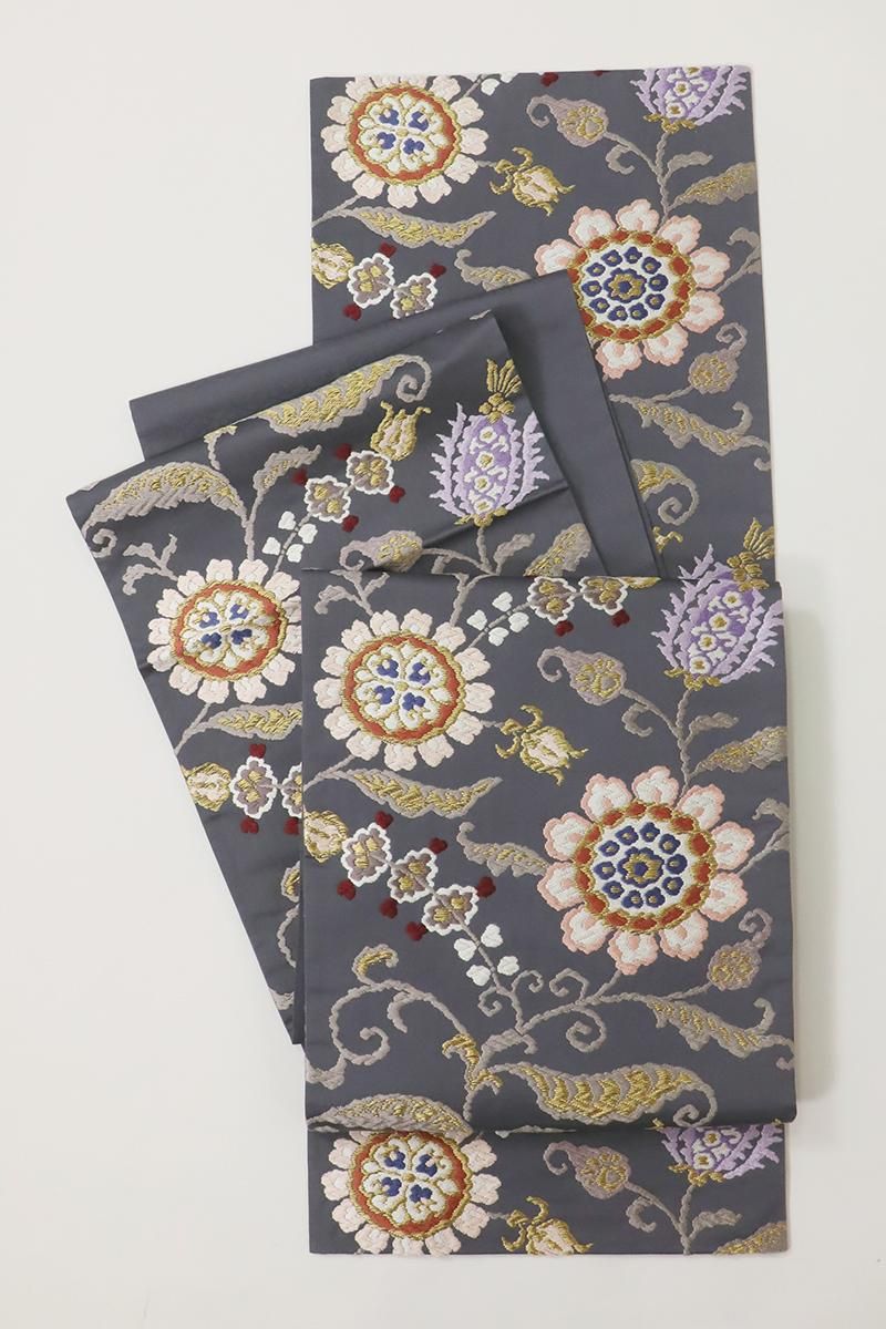 銀座【L-7135】西陣 河合康幸製 袋帯 藍鉄色 唐花文（落款入） - 銀座