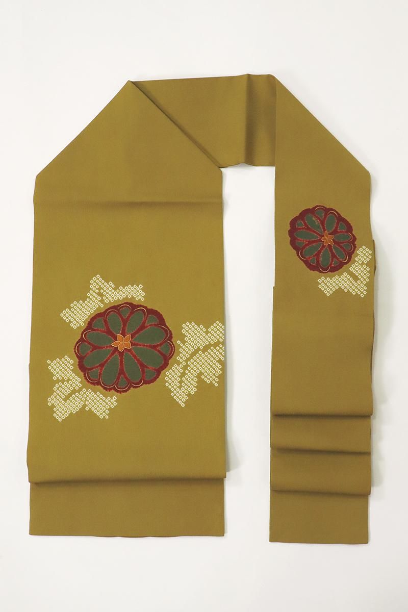 名古屋帯 正絹 縮緬 変わり柄 山吹色 N445 開き名古屋帯 美品 名品 栗山吉三郎 落款 椿 縮緬 山吹色 正絹