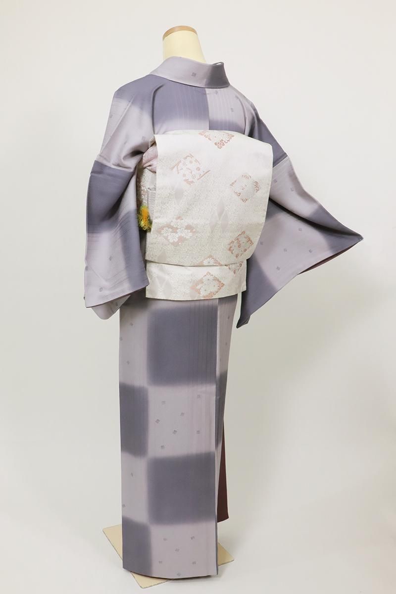 銀座【D-3425】（細め）小紋 薄鼠色 市松暈かしに切箔散らし - 銀座