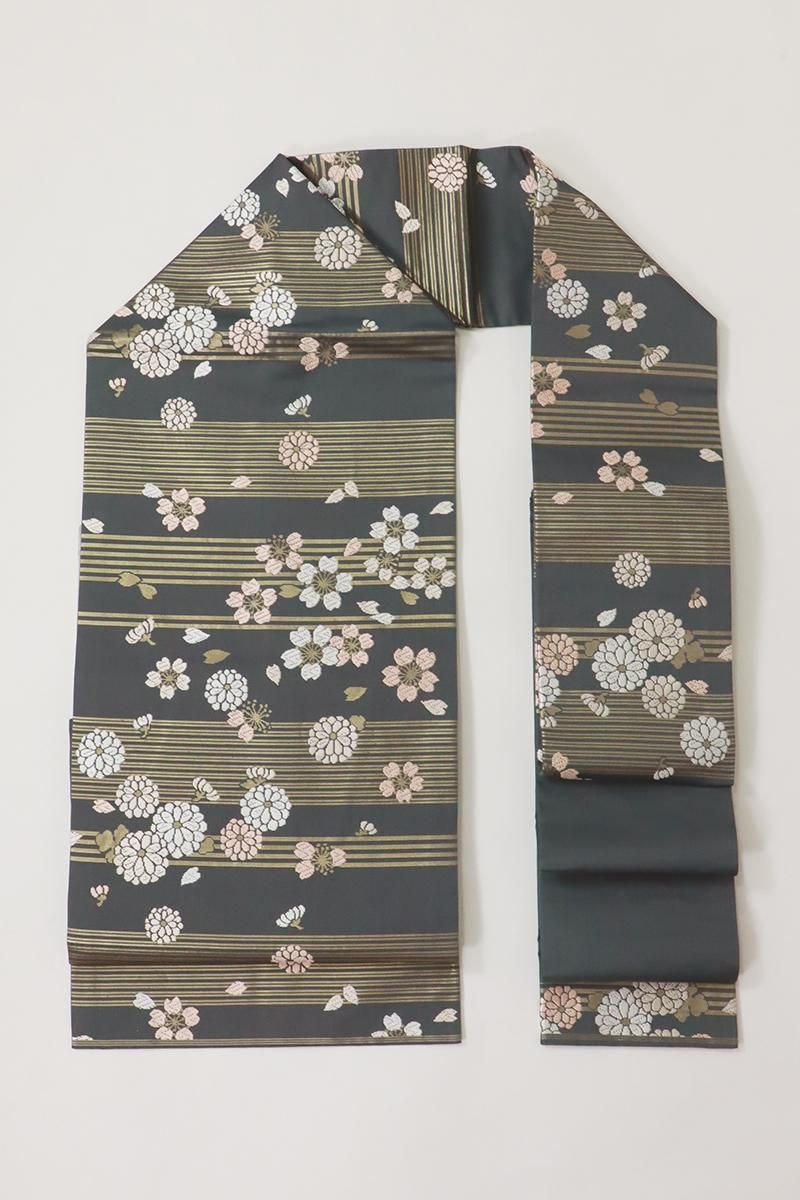 銀座【K-9484】西陣川島織物製 織名古屋帯 藍墨茶色 桜の図