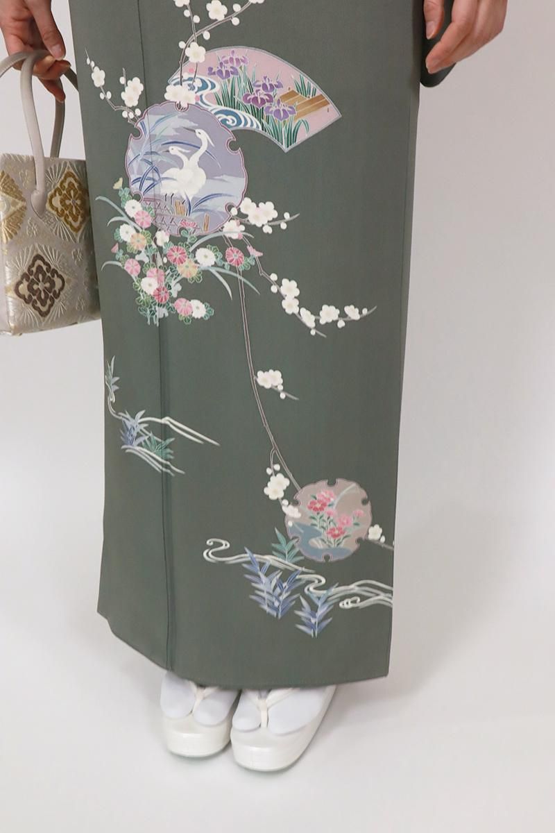 銀座【B-3643】訪問着 藍媚茶色 雪輪や扇面に四季花(落款入 銀座【B-3643】訪問着 藍媚茶色 雪輪や扇面に四季花(落款入