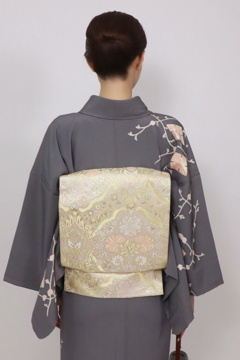 銀座【L-7181】西陣 川島織物製 袋帯 金色 唐花文（落款入）