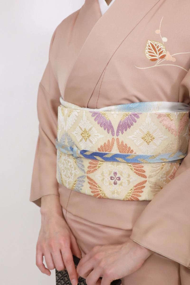 銀座【L-7192】袋帯 亜麻色 菊七宝花菱文 - 銀座きもの青木