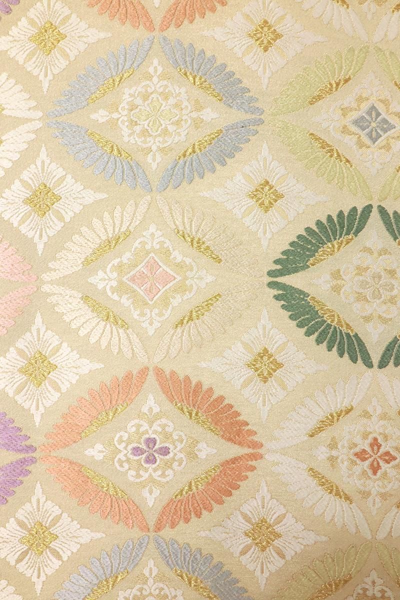 未着用 横縞 抽象リーフ模様 花菱 袋帯 着物 022 a p 袋帯 螺鈿箔 正絹