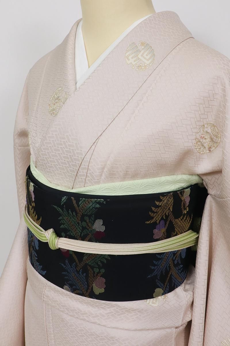 銀座【K-9513】西陣 帯屋捨松製 織名古屋帯 黒色 唐花文(落款入 銀座【K-9513】西陣 帯屋捨松製 織名古屋帯 黒色 唐花文(落款入