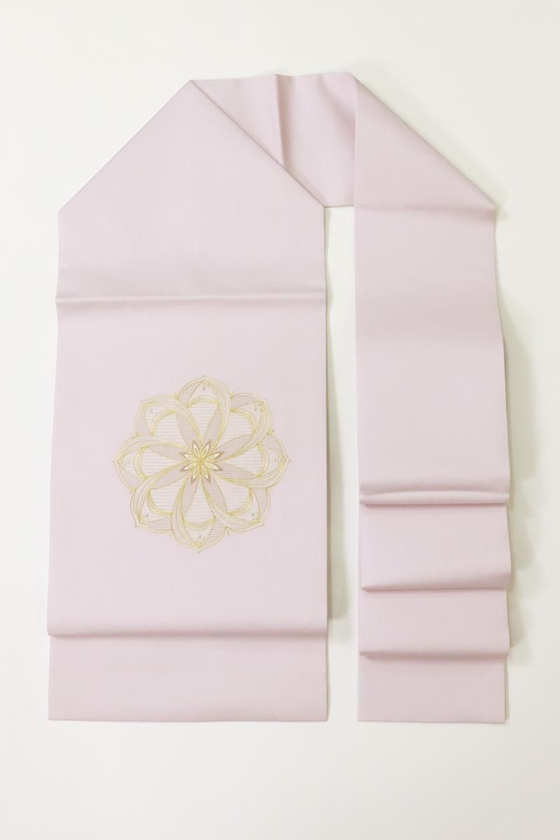 銀座【K-9507】塩瀬地 刺繍 名古屋帯 淡紅藤色 華文（銀座越後屋