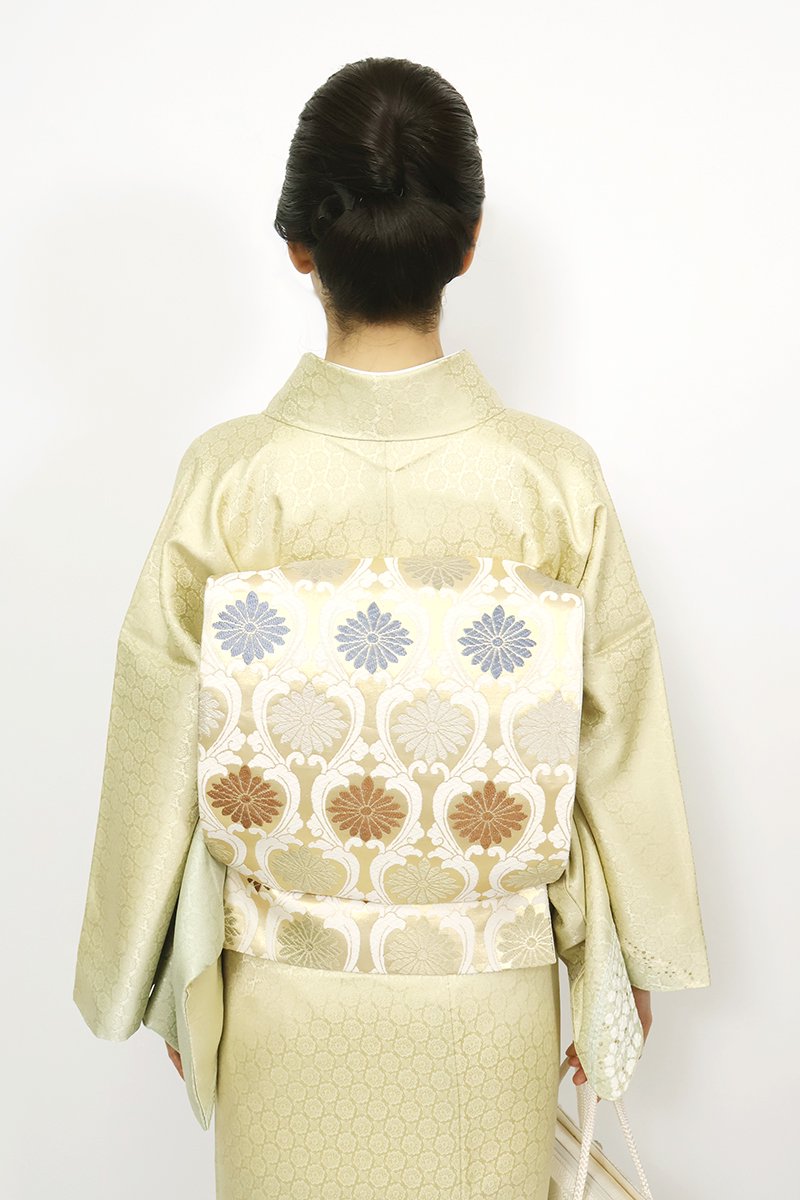 袋帯 扇に華丸と菊紋 紗綾形 金銀糸 銀色 フォーマル 着物 RO-5404 