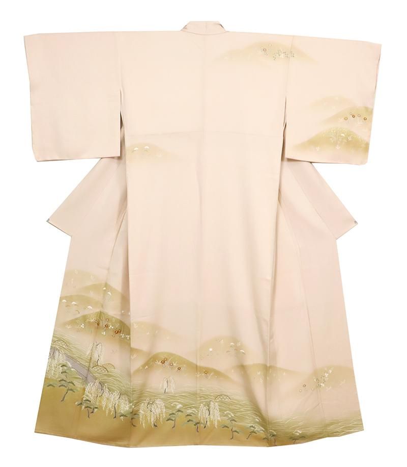 銀座【B-3673】訪問着 洗柿色 遠山に水辺の風景（反端付）:身丈161.5