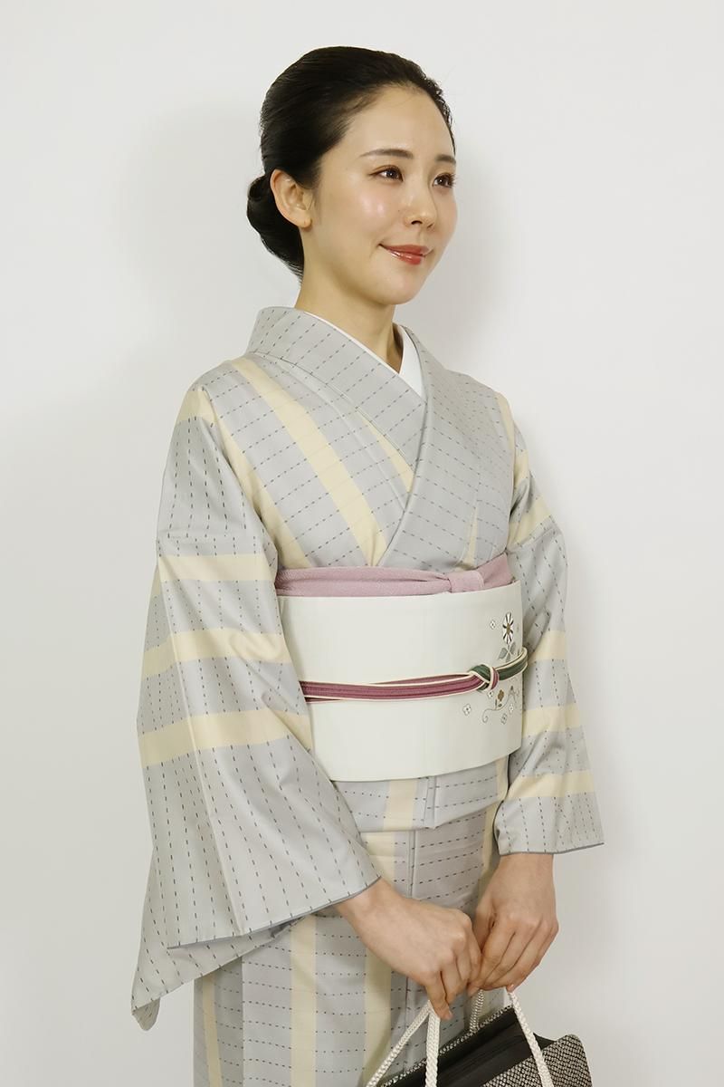 銀座【K-9546】塩瀬 染名古屋帯 絹鼠色 花唐草文 - 銀座きもの