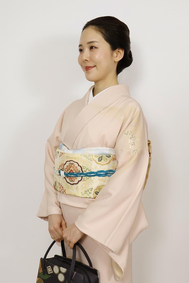銀座【L-7242】西陣 岡文織物製 砥粉色 花立涌文（落款入・証紙