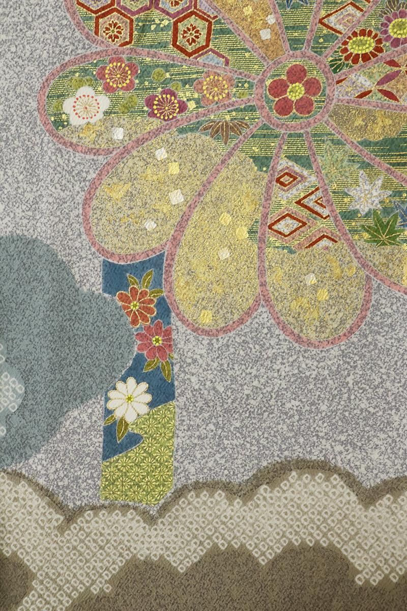 銀座【B-3683】松井青々作 訪問着 桔梗鼠色 菊や梅の図(落款入 銀座【B-3683】松井青々作 訪問着 桔梗鼠色 菊や梅の図(落款入