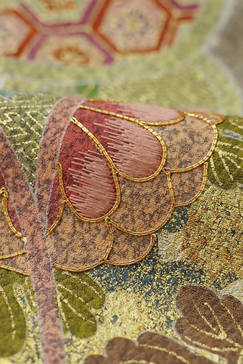 銀座【B-3683】松井青々作 訪問着 桔梗鼠色 菊や梅の図（落款入