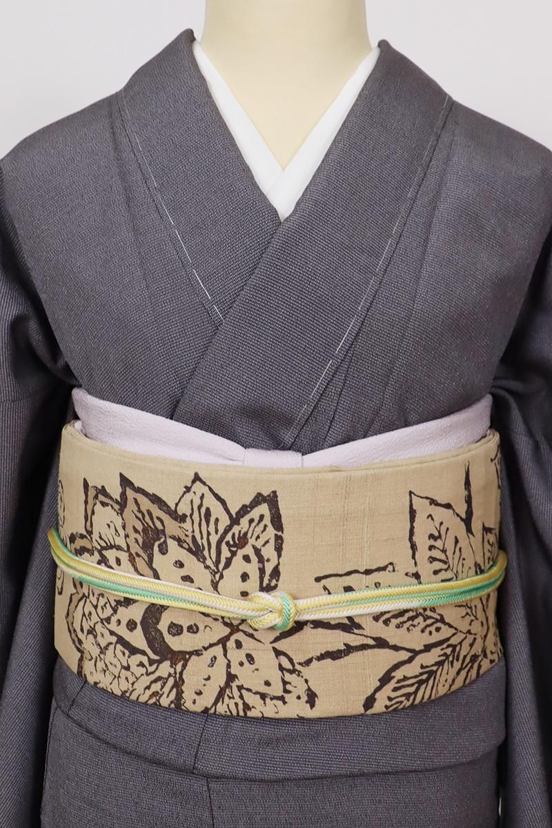 銀座【K-9600】京都しょうざん製 生紬地 染名古屋帯 香色 唐花文