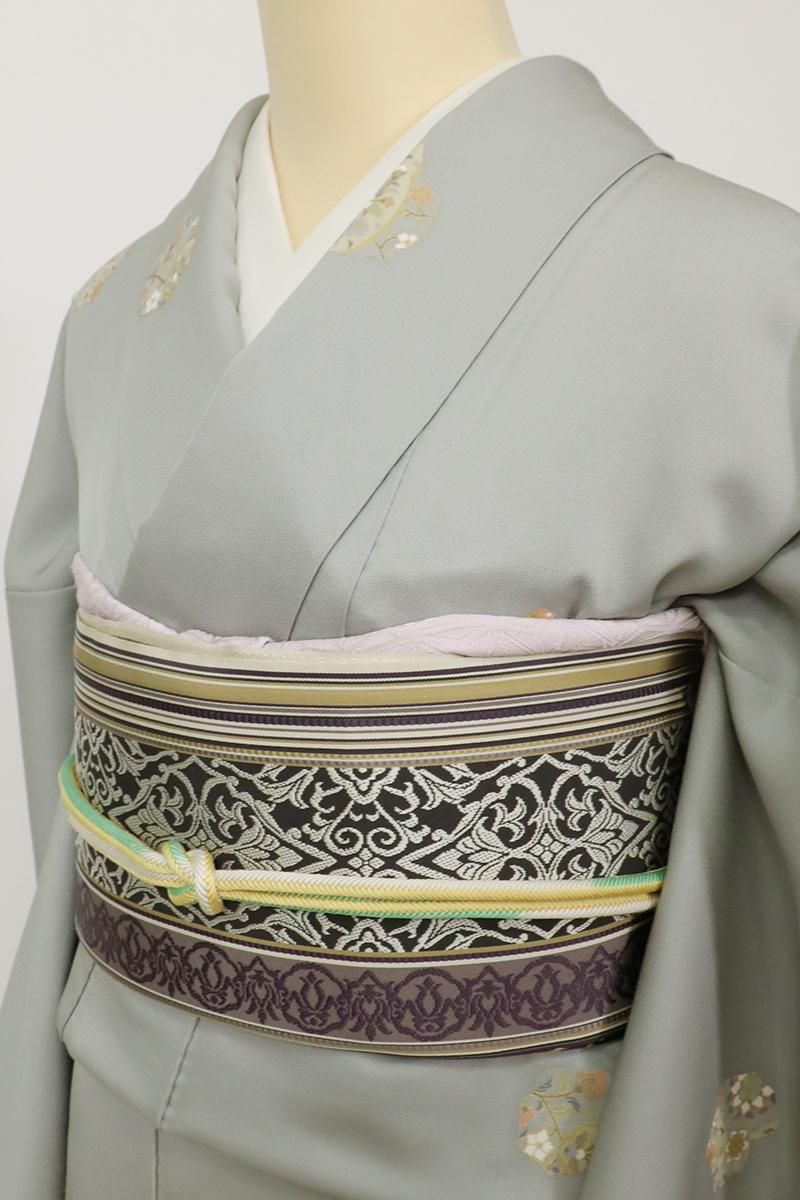美品】名古屋帯 本場筑前 博多織 間道縞 クリーム色 平地 正絹