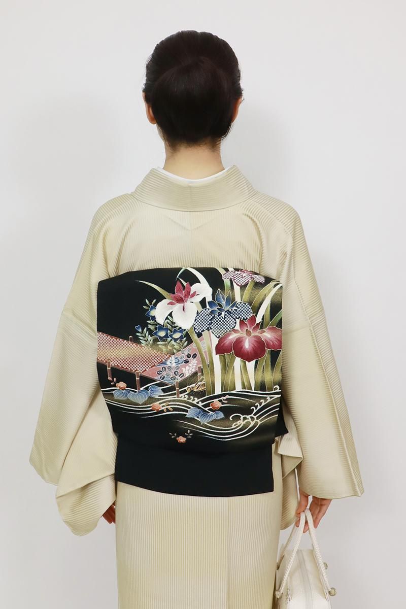 アンティーク名古屋帯】黄土色 金糸 豪華な花の刺繍 流水 お太鼓