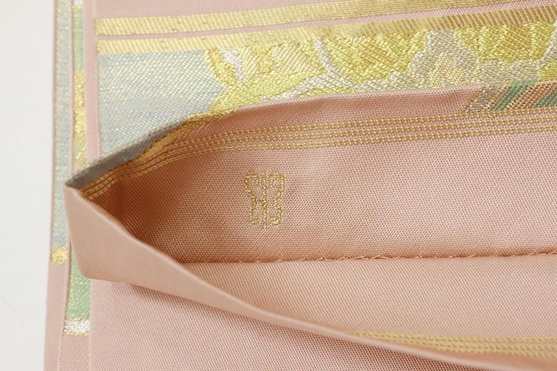 銀座【L-7292】西陣 川島織物製 本袋帯 水柿色 流線に鏡裏文（落款入