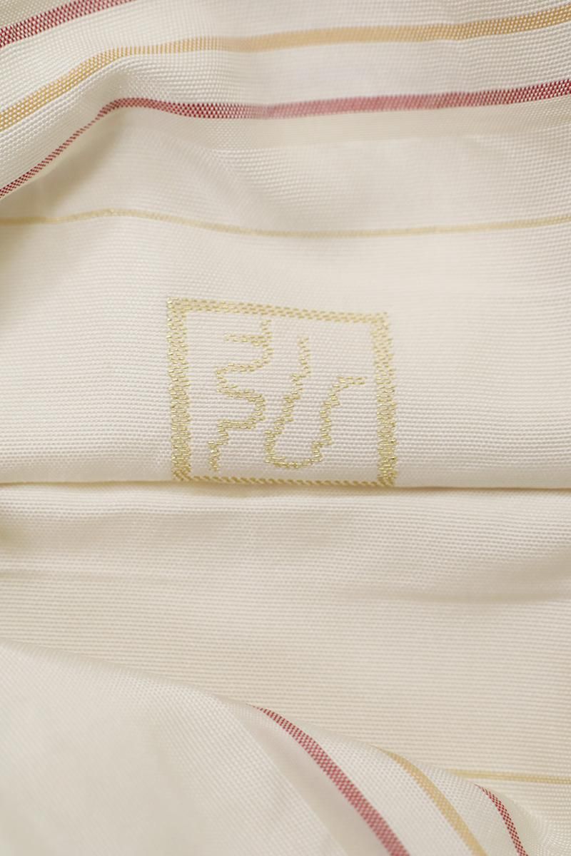 銀座【K-9649】桝屋高尾 織名古屋帯 練色 横段に梅雪輪（落款入