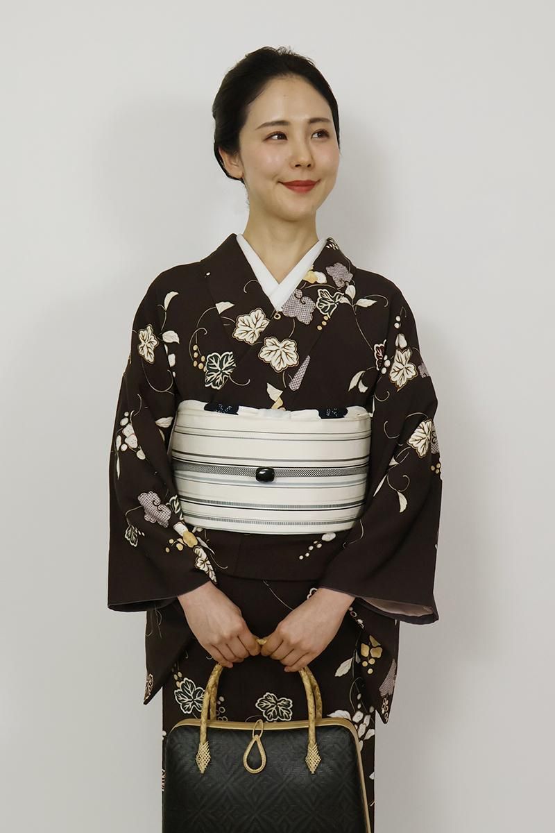 銀座【L-7308】西村織物製 本場筑前博多織 本袋帯 生成り色 間道