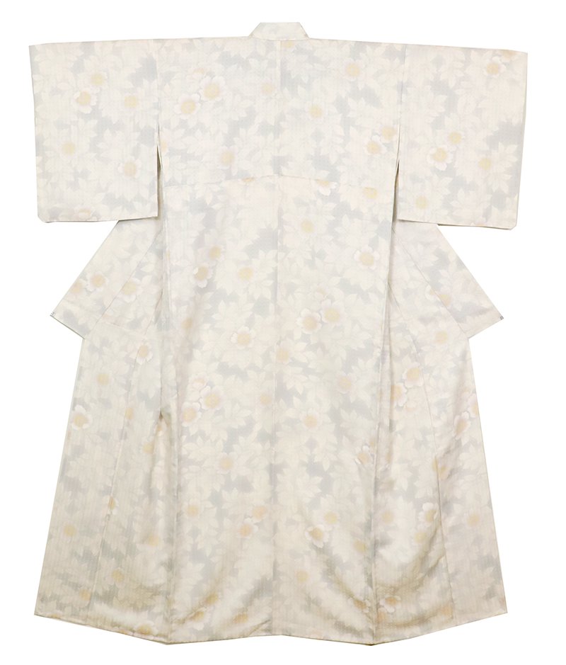 銀座【D-3478】単衣 小紋 絹鼠色 花の図 :身丈167/裄68 - 銀座きもの