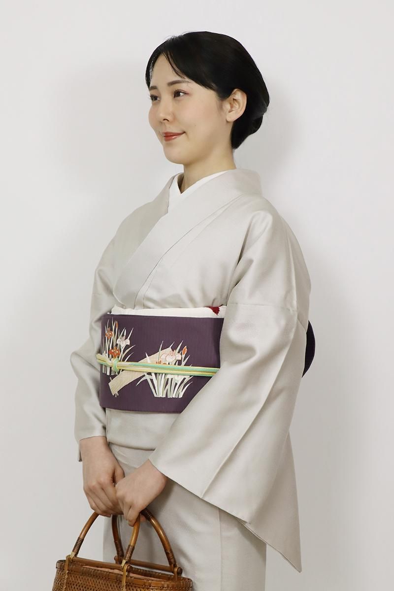 銀座【K-9682】絽塩瀬 染名古屋帯 似せ紫色 菖蒲の図 - 銀座