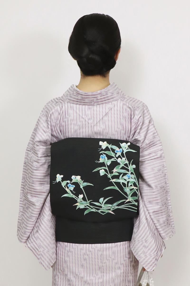 銀座【K-9677】絽塩瀬 染名古屋帯 黒色 露草の図(落款入 銀座【K-9677】絽塩瀬 染名古屋帯 黒色 露草の図(落款入
