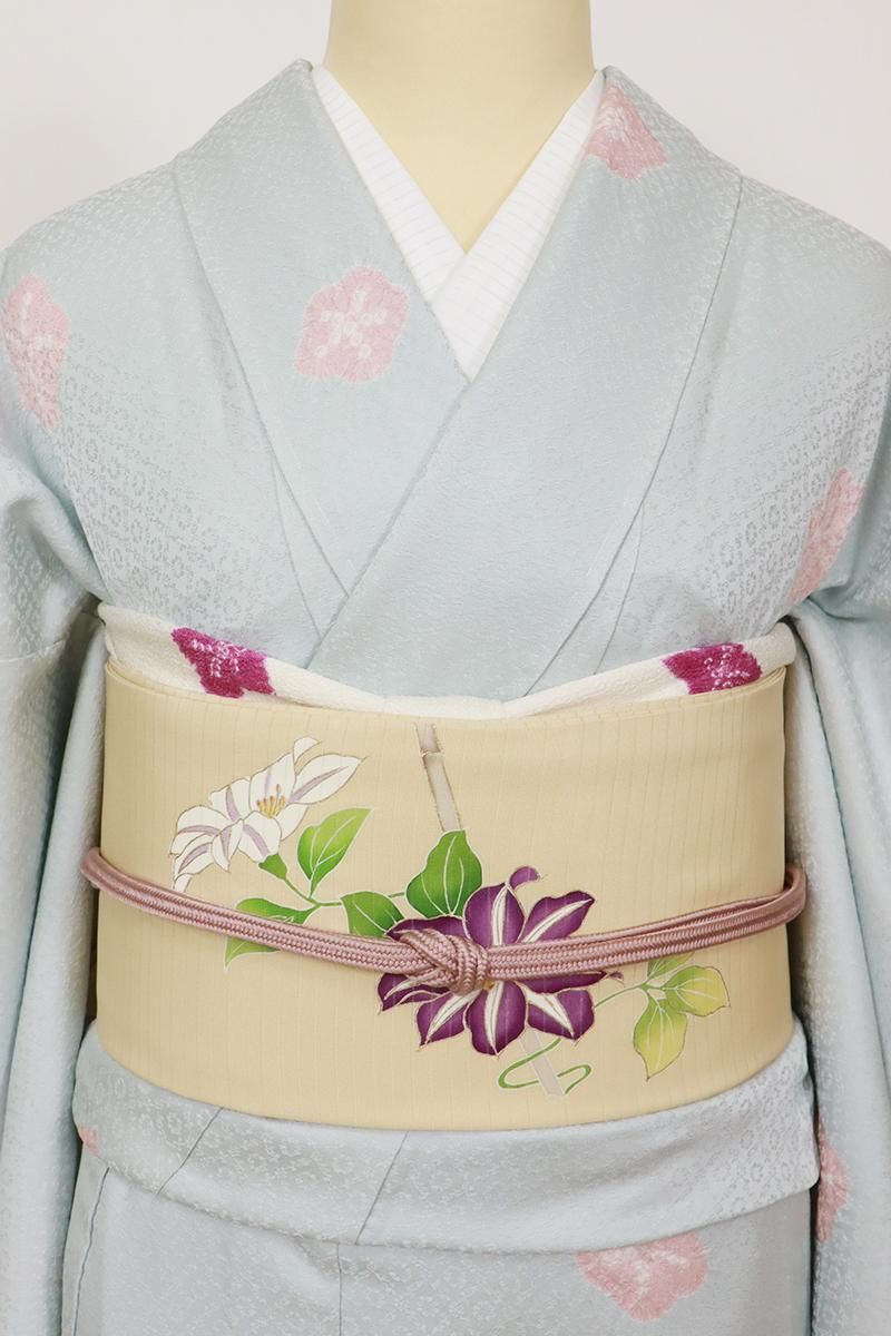銀座【K-9695】絽塩瀬 染名古屋帯 蜂蜜色 鉄線の図（反端付）（N