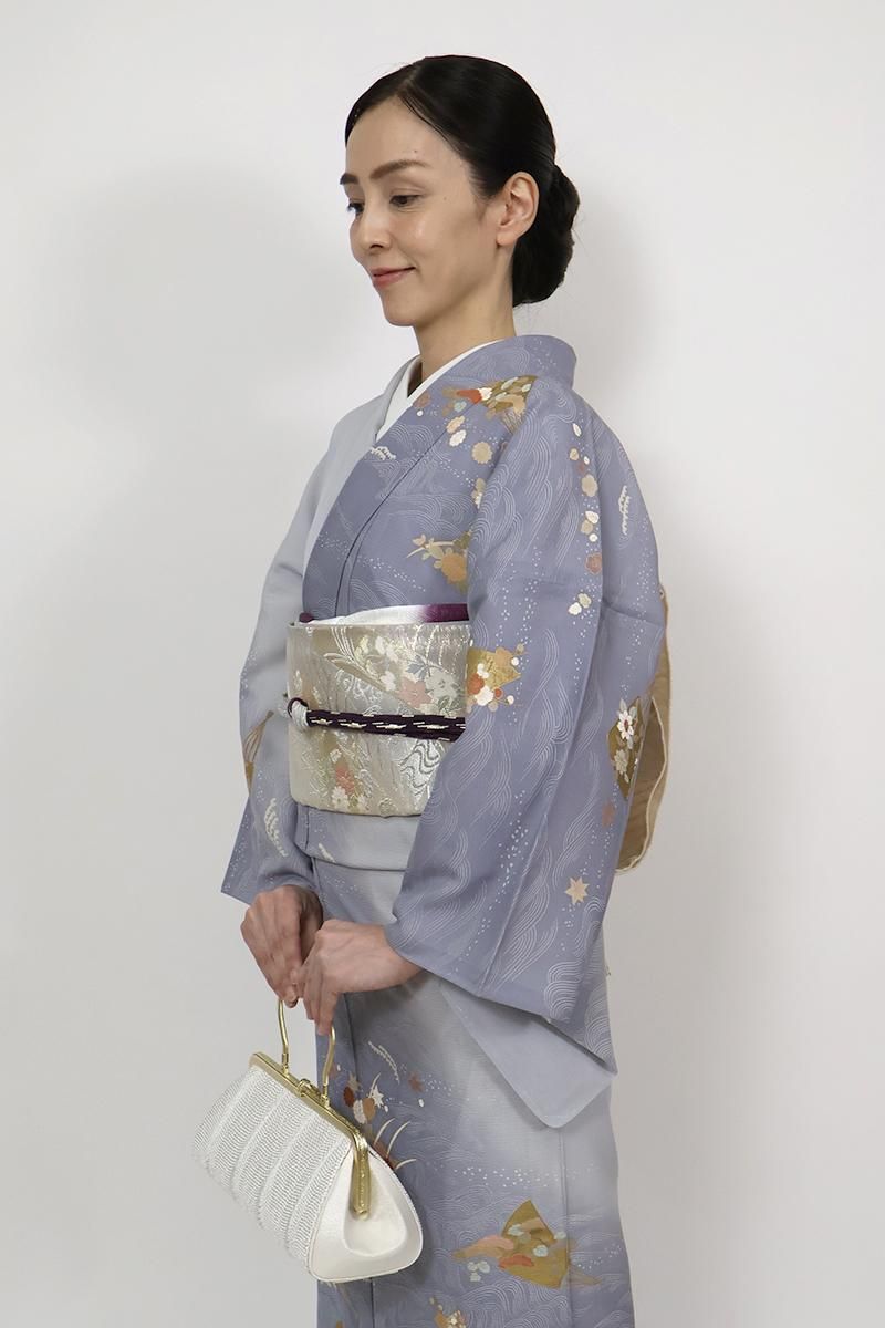 G-2968】衿秀製 紋紗 帯揚げ 唐草文 横段暈かし 深紫色系×白色 - 銀座