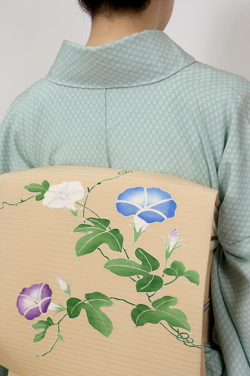 A 83未使用開名古屋帯 秀品 落款　塩瀬　朝顔　正絹 着物　美品 A 83未使用開名古屋帯 秀品 落款 塩瀬 朝顔 正絹 着物 美品