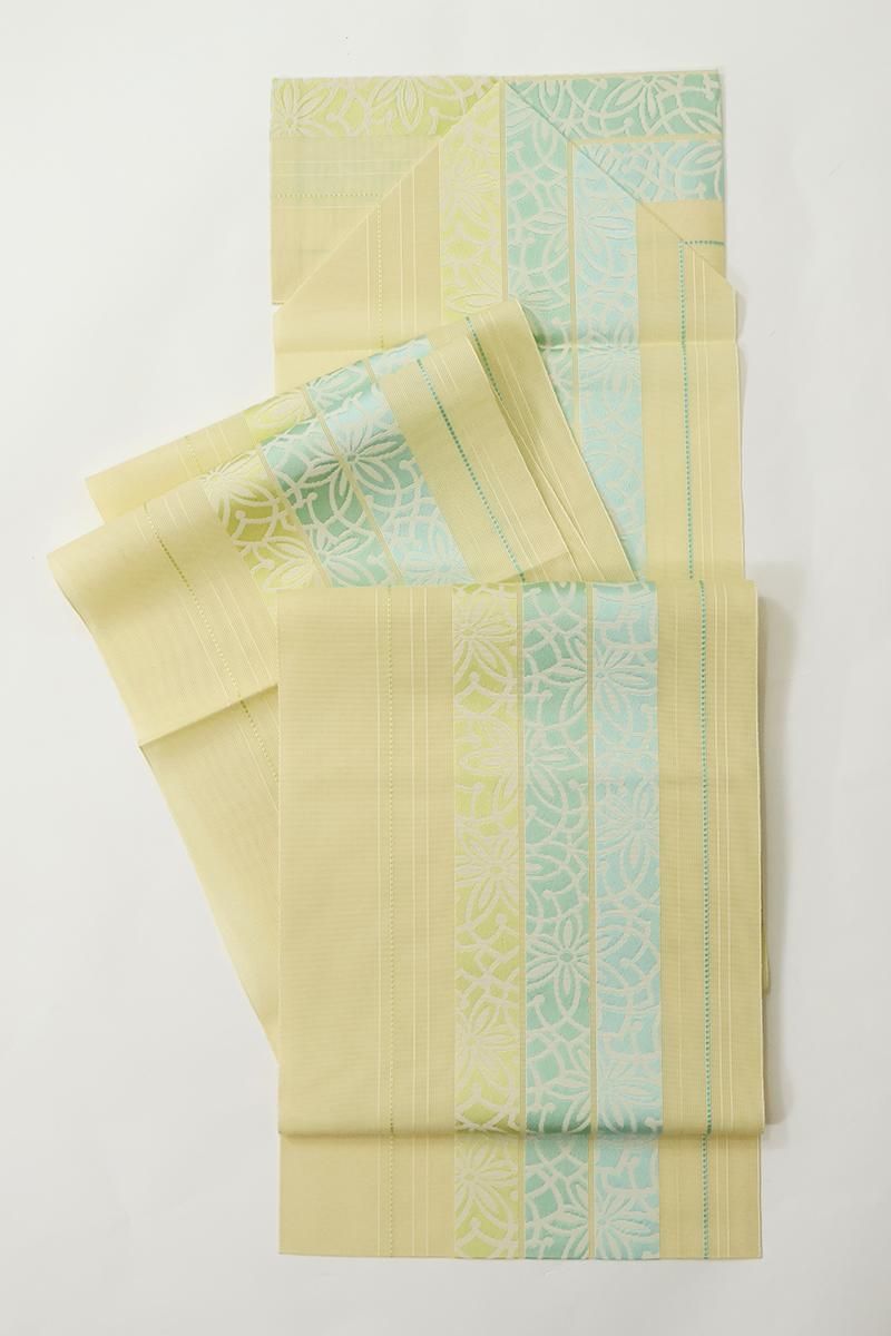 銀座【K-9718】博多織 紗 八寸名古屋帯 蒸栗色 縞に花の図